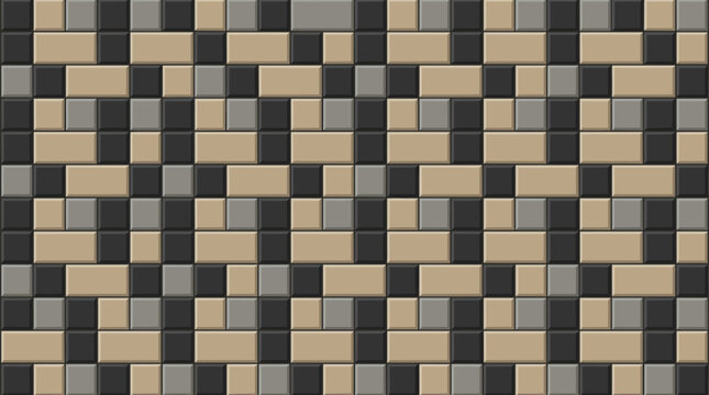Geometric vector pattern of rectangular and square tiles in a mosaic layout featuring a color palette of black, beige, and various shades of gray for architectural texture design.
