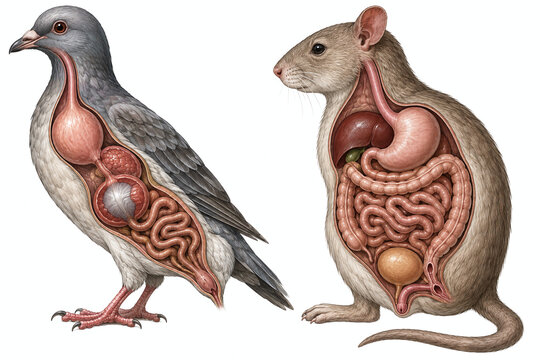 Bird and mammal digestive anatomy comparison illustration