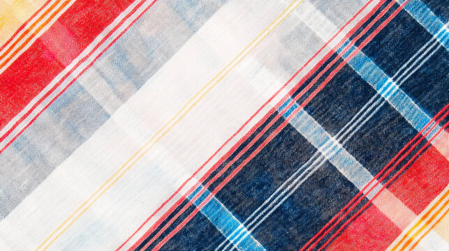 Red White, Yellow and Blue Plaid Fabric Texture in Close Up