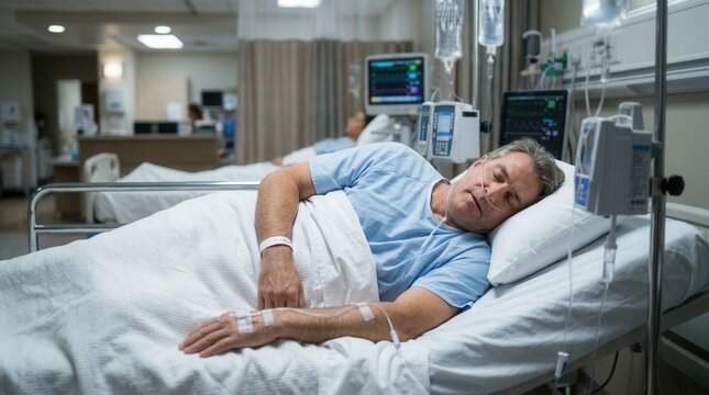 Elderly Patient Sleeps Peacefully While Receiving Medical Care In Hospital Room
