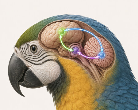 Parrot brain circuit anatomy scientific illustration
