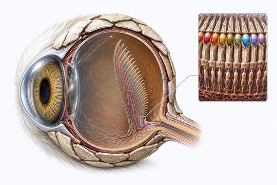 Avian eye anatomy cutaway with pecten and scleral ring