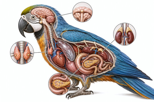 Parrot endocrine anatomy scientific illustration with internal glands