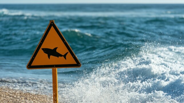 Warning sign with shark symbol on beach shore near ocean waves indicating potential danger and hazard in natural seaside environment