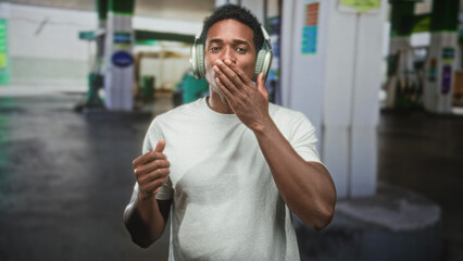 Black man wearing headphones dancing and smiling with hands raised at a street gas station  joy music energy. © Krakenimages.com
