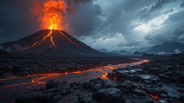 volcano eruption lava flow at dusk over rugged lava field