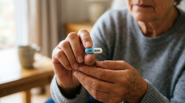 Elderly Person Holding Capsule Symbolizing Life Or Death Choice