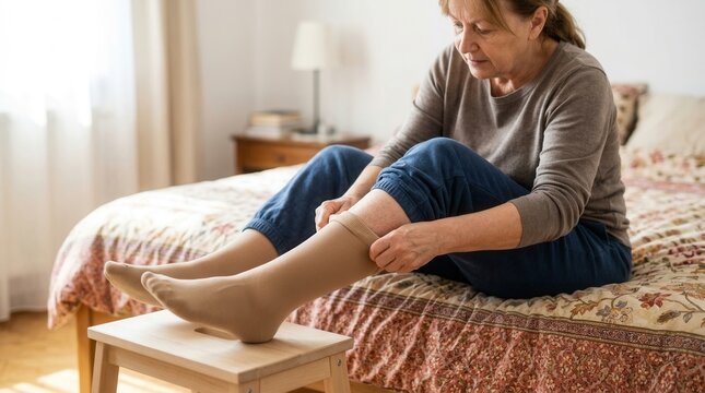 Elderly Woman Puts On Compression Stockings For Health