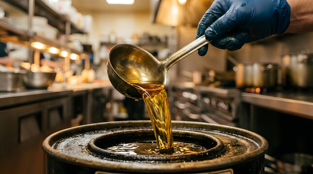 Chef in blue gloves pours cooking oil from a metal ladle into a deep fryer container inside a busy professional industrial kitchen setting, capturing food preparation process 