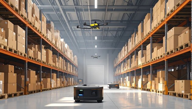 Futuristic yellow and black autonomous guided vehicle moving across a clean floor inside a large warehouse facility stacked with cardboard boxes on metal shelving. Concept for automated logistics, sma
