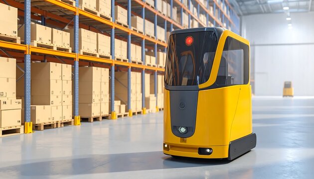Futuristic yellow and black autonomous guided vehicle moving across a clean floor inside a large warehouse facility stacked with cardboard boxes on metal shelving. Concept for automated logistics, sma