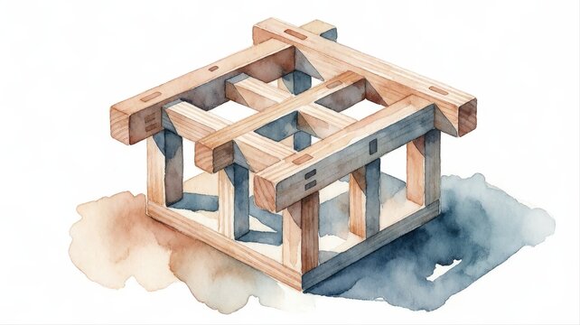 Wooden Block Tower Constructed from Interlocking Planks on Watercolor Canvas