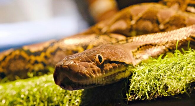 Macro Close Up Shot of Snake Head resting on Green Grass Surface