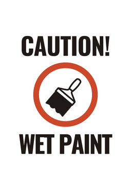 Caution sign featuring a paintbrush symbol and bold warning text indicating wet paint, designed for safety and public awareness.