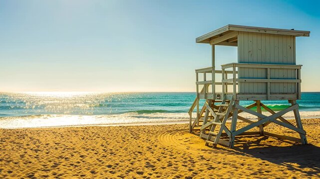 lifeguard tower on sunny beach with ocean waves blue sky