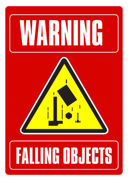 Warning falling objects sign with hazard symbol, alerting workers and visitors to overhead dangers and impact risks.