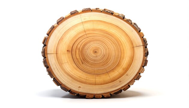 Detailed macro image of a freshly cut round tree log cross section on a white background, highlighting circular annual growth rings and outer bark texture. Concept for forestry, timber industry, and n