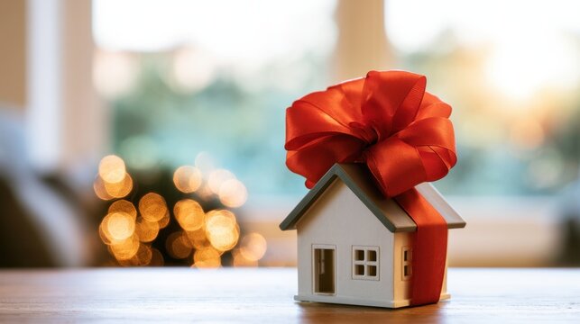 Small white model house wrapped with large red ribbon bow representing gift concept on wooden surface with bokeh light background