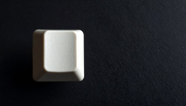Minimalist close-up shot of an isolated black mechanical keyboard keycap with an engraved white symbol on a dark textured background. Concept for computer hardware, custom typing accessories, and tech