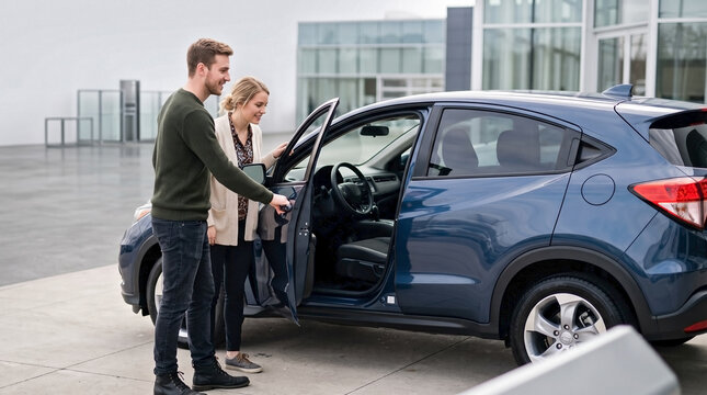 Couple engaged in SUV examination, looking at new vehicle interior and features together. Detailed SUV examination for potential buyers explores model specifications and comfort.