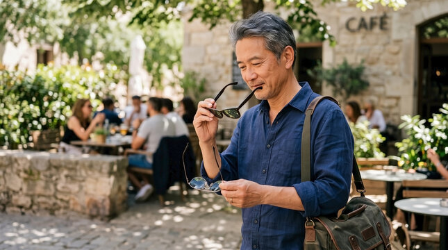 Man comparing sunglasses outdoors, selecting eyewear in a bustling cafe street. Mature man comparing sunglasses, holding two frames, deciding ideal travel accessory.