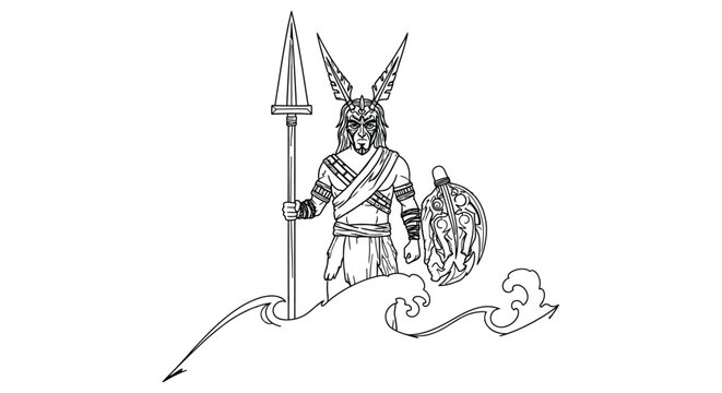 Line art illustration depicts a viking warrior holding a spear and shield