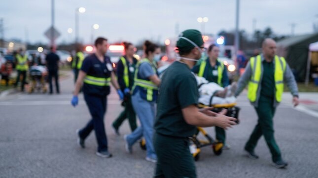 Emergency Medical Responders Transporting Patient Swiftly In Outdoor Setting