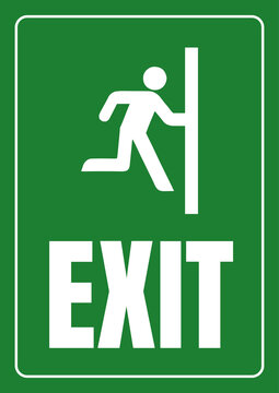 Green emergency exit sign featuring a running figure passing through a doorway, indicating a safe evacuation route and emergency escape direction.
