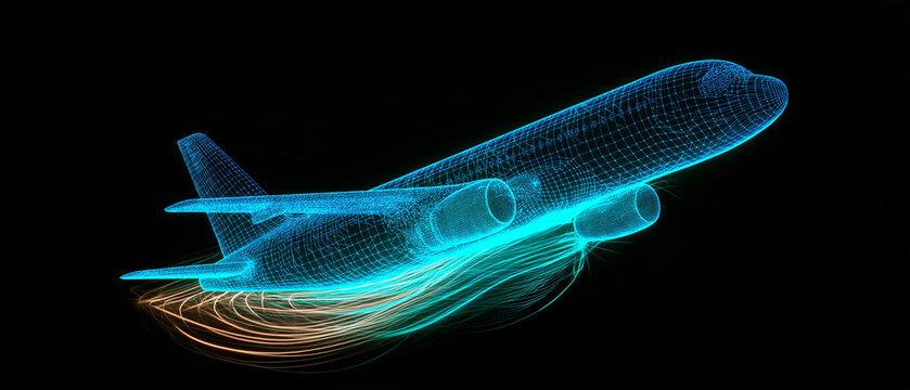 Futuristic Aircraft Blueprint: A wireframe model of a modern airplane with glowing blue and orange aerodynamic flow lines against a black background, symbolizing advanced aerospace technology.