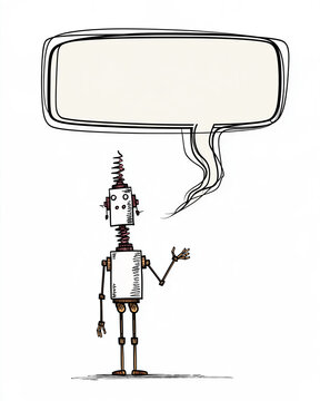 Robot's Thought Bubble: An artistic illustration of a quirky, retro-style robot with a spring-loaded neck stands poised.