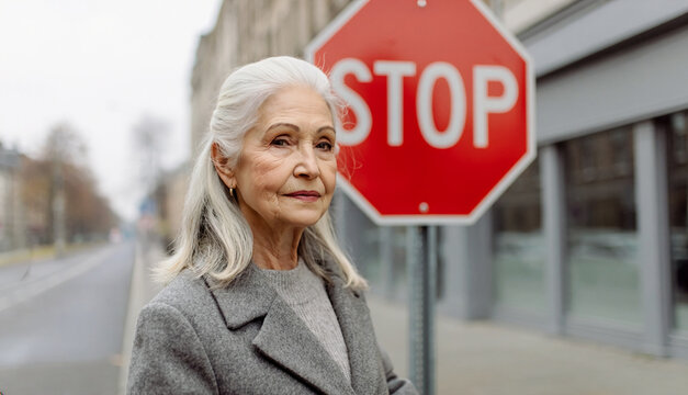 Elegant senior woman with long white hair standing outdoors on a city sidewalk next to a large red stop sign with buildings on background