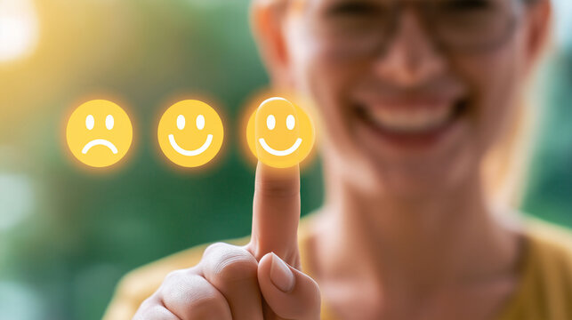 Happy Face Selection: A woman's finger touches a glowing yellow smiley face icon, indicating satisfaction and positive feedback amidst blurred warm-toned background, representing good user experience.