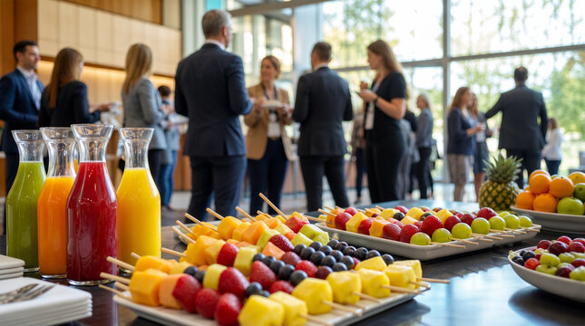 Fruit Skewers and Fresh Juice Carafes Served at Corporate Networking Event, Healthy Catering for Business Professionals