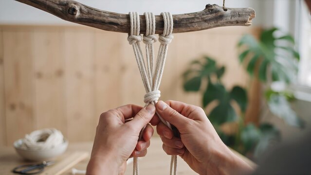 Hands tying knots for handmade macrame hanger on wooden branch in creative home art studio