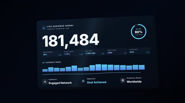 Animated data dashboard showing audience growth reaching a two hundred thousand milestone.
