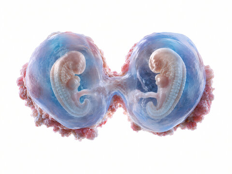 3D medical illustration of early twin human embryos developing inside translucent gestational amniotic sacs