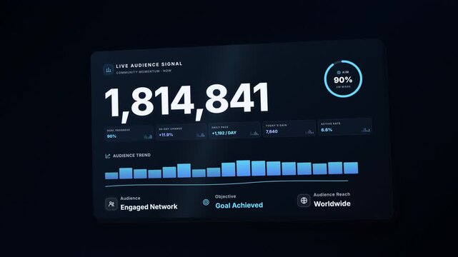 Animated data dashboard showing audience growth reaching a two million milestone on a dark interface.