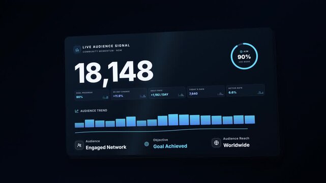 Animated digital dashboard showing audience growth reaching a twenty thousand milestone with dynamic graphs.