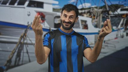 Fototapeta premium Man soccer player, bearded and middle aged, in blue and black striped jersey making pinched fingers money gesture beside a docked boat at a marina on street; playful invitation.