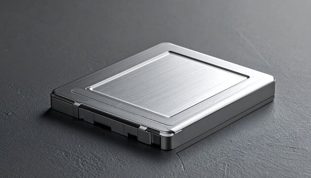 Close-up top view of a modern silver brushed metal external SSD data storage device placed on a dark slate background. Concept for fast data transfer, portable technology, and computer hardware.