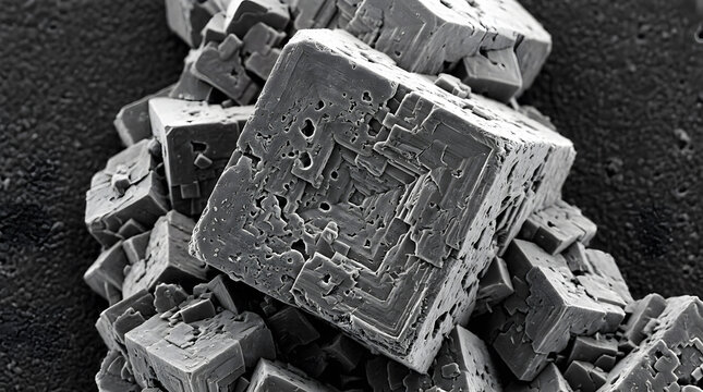 Extreme close up of microscopic rock salt crystal structure captured via scanning electron microscopy showing geometric cubic formations and intricate mineral surface textures for scientific research 