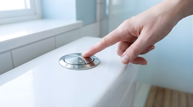 Person pressing the chrome flush button on a modern toilet cistern tank
