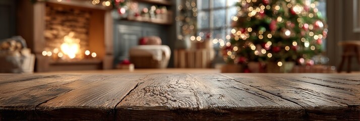 Obraz premium Warm christmas fireplace scene with wooden table foreground