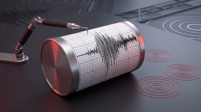 Seismograph recording earthquake activity with seismic waves and vibration data on grid paper