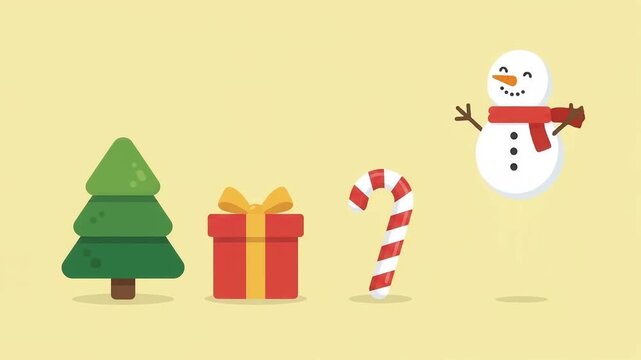 Set of Christmas holiday icons with pine tree gift box candy cane and cute snowman illustration
