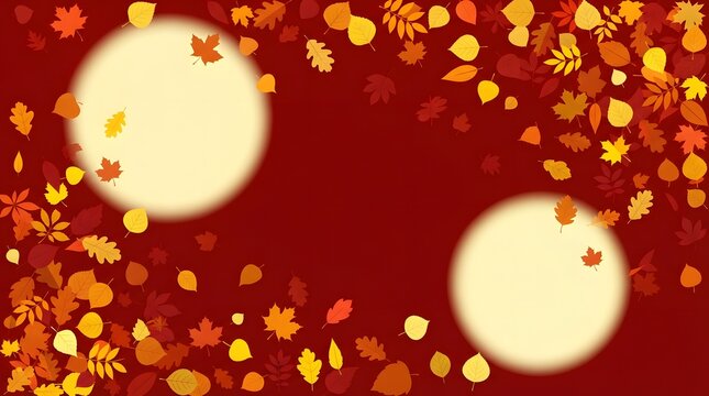 A beautiful festive thanksgiving border featuring colorful autumn leaves and two glowing circular frames on a deep red background perfect for seasonal holiday greeting cards