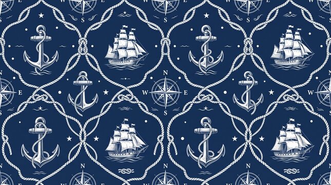 A seamless nautical pattern with anchors, ships, compasses, and ropes in navy and white, maritime theme, classic repeatable design, 8k.