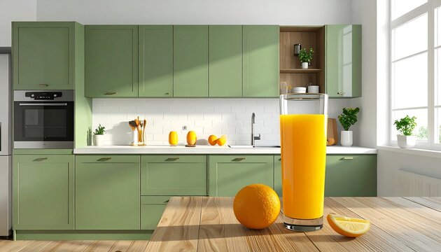 High-resolution image of a tall glass filled with vibrant orange juice accompanied by a whole orange and a slice placed on a wooden kitchen counter against the backdrop of a modern green kitchen inter