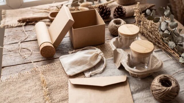 A loose leaf tea set with jars and cups rests on a wooden table. There are gift boxes and decorative items around. Sunlight shines through the window, creating a warm atmosphere