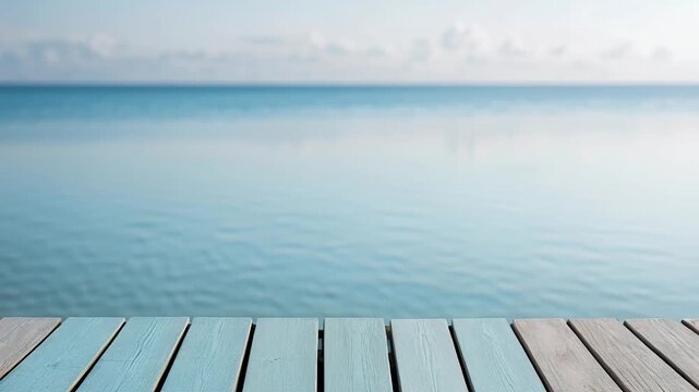dock on calm sea: wooden deck with horizon and blue sky